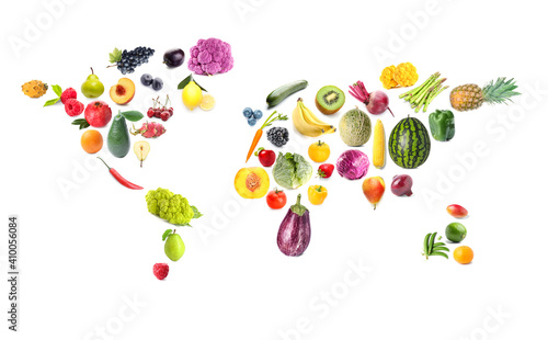 Fototapeta Naklejka Na Ścianę i Meble -   World map made of different fruits and vegetables on white background
