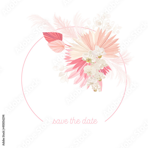 Boho floral wedding vector frame. Watercolor pampas grass, orchid flowers, dry palm leaves border template