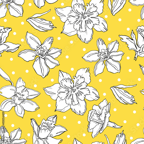 Daffodils seamless pattern. Colorful hand drawn background. Vector.