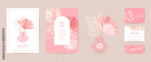 Modern minimal Art Deco wedding vector Invitation set. Boho orchid, pampas grass, lunaria card template