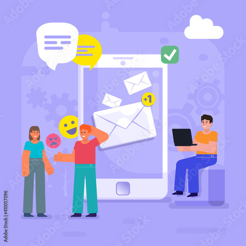 Mobile messenger app, send or receive email. Group of people stand near big phone and chat, talk. Modern vector illustration