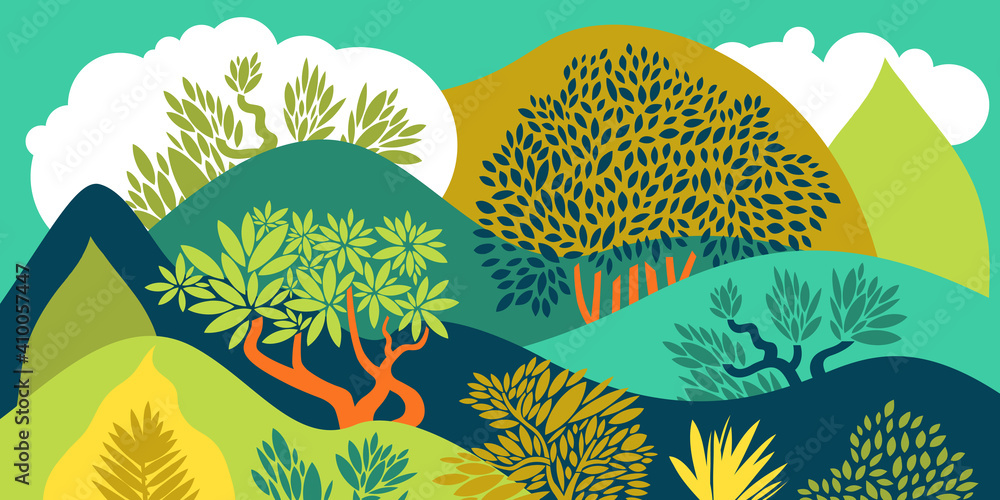 Fotobehang Zeegroen Heuvelachtig landschap met bomen, struiken en planten. Planten kweken en tuinieren. Bescherming en behoud van het milieu. Dag van de Aarde. Park, buitenruimte, buiten. Vector illustratie. #410057447