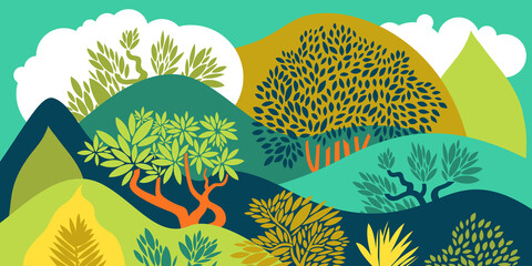 Gordijnen Koraalgroen Hilly landscape with trees, bushes and plants. Growing plants and gardening. Protection and preservation of the environment. Earth Day. Park, exterior space, outdoor. Vector illustration.  © Xenia