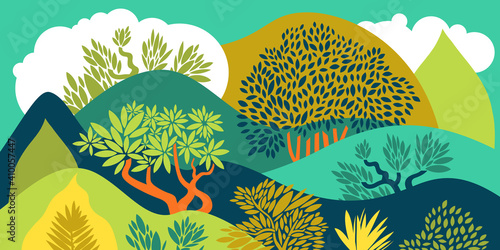 Hilly landscape with trees, bushes and plants. Growing plants and gardening. Protection and preservation of the environment. Earth Day. Park, exterior space, outdoor. Vector illustration.