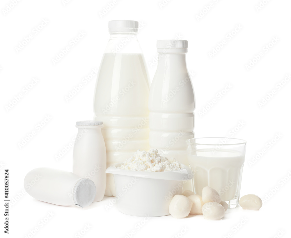 Different dairy products without lactose on white background Different dairy products without lactose on white background