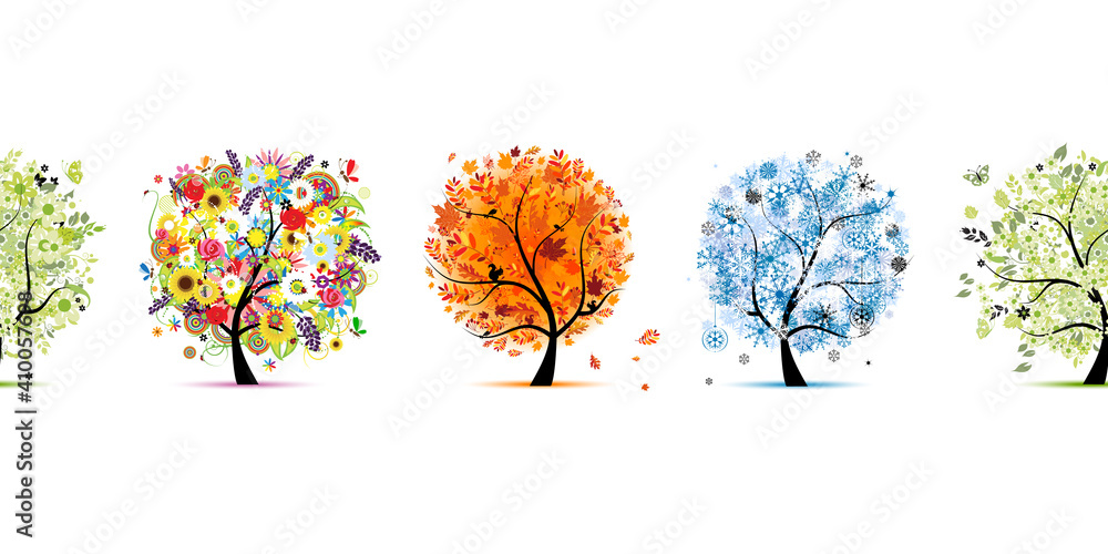 Four season trees- spring, summer, autumn, winter. Seamless Pattern for ...