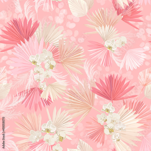 Seamless watercolor tropic floral pattern, pastel dry palm leaves, boho tropical flower, orchid