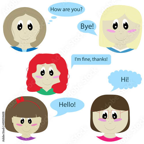 set of cute girls with long and short, red, dark and blond hair with dialog boxes - hello, how are you, bye, baby face and head in flat style, vector illustration