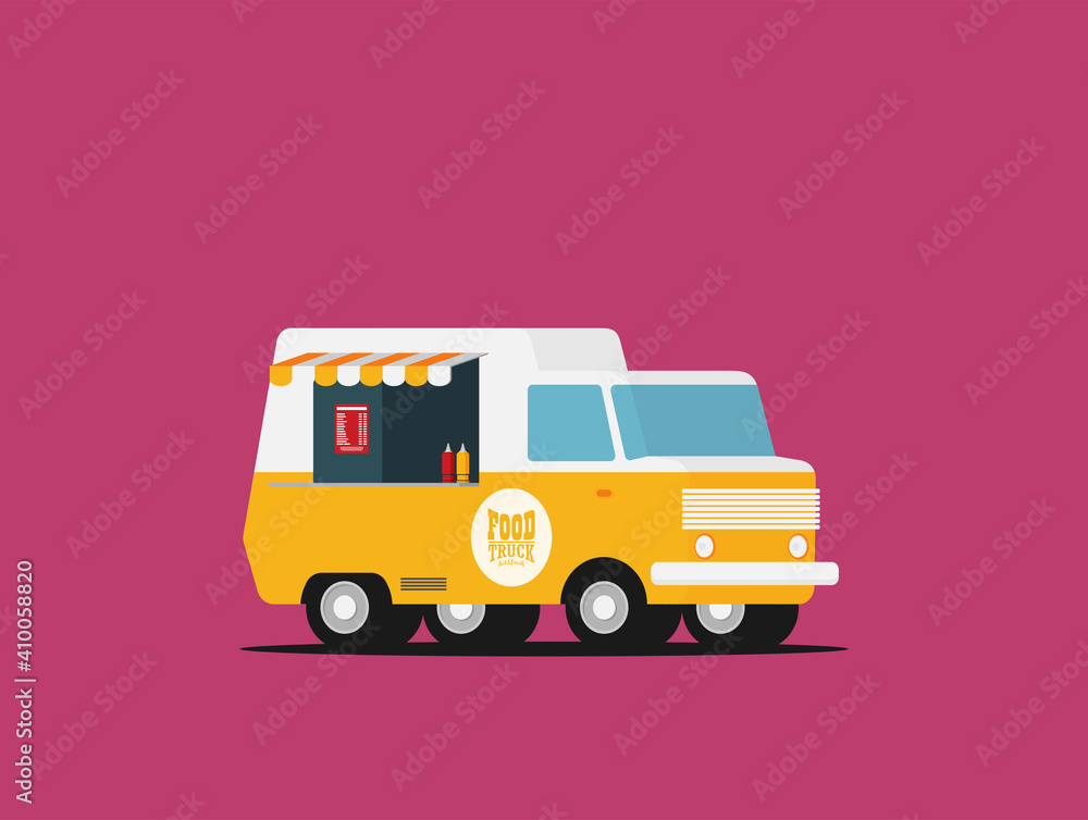 Street food truck vector illustration, food caravan. Burger van delivery. Flat icon