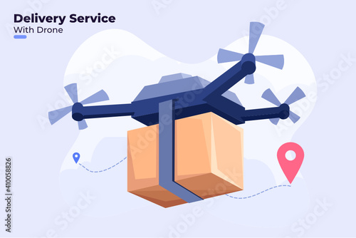 Flat illustration of Delivery Service With Drone, Shipping Parcel Package with Drone, Modern Delivery Service Technology, Shipping Logistic with Quadcopter Drones, Drones Cary Package parcel.