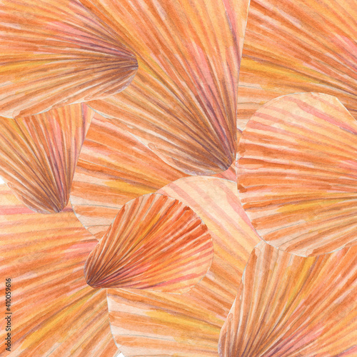 Orange shells on sea bottom watercolor