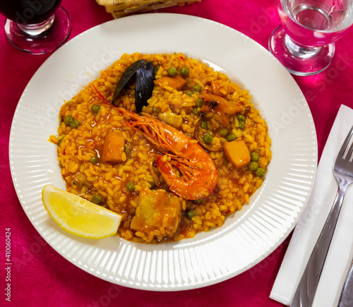 Paella with seafood -traditional dish of Spanish and Mediterranean cuisine