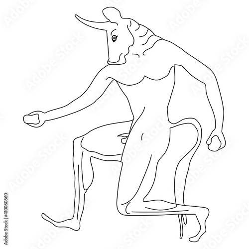 Fantastic mythological creature. Ancient Greek monster Minotaur. Half man half bull. Black and white linear silhouette.