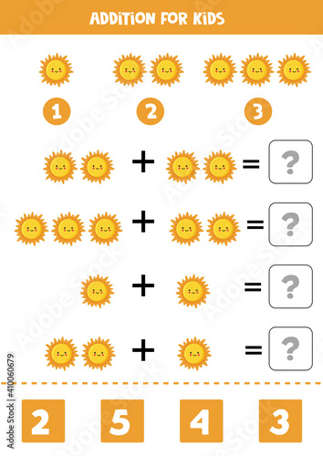 Addition worksheet with cartoon Sun. Math game.