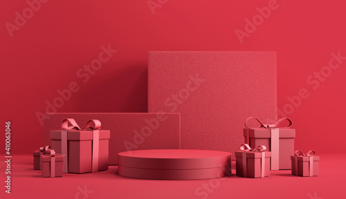 Minimal abstract product background for Valentine and Christmas, Podium with red gift box on red background. 3d render. stage for product design.