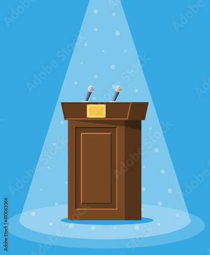 Brown wooden rostrum with microphones for presentation. Stand, podium for conferences, lectures or debates. Vector illustration in flat style