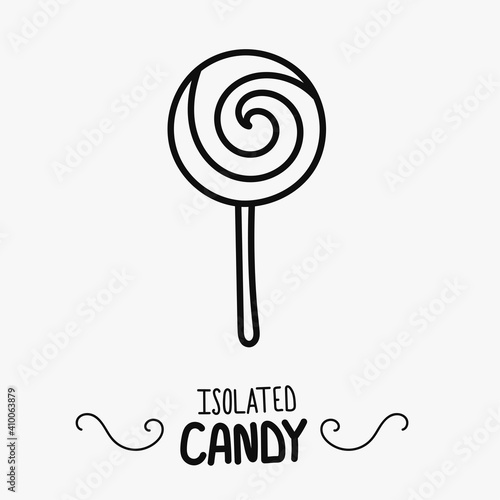 Black linear candyrush doodle in isolation on white background. Round lolipop icon, sweet symbol vector