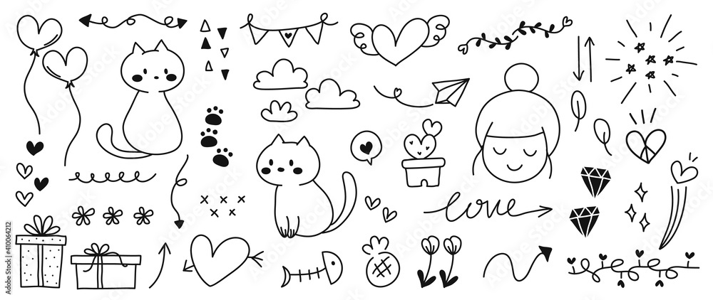 Cute valentines day doodle vector set. Hand drawn fashion elements for kids. Love and animal , Labels, gift box , heart, arrow, wings, flowers set, cute cat, women, start, plant vector illustration. Cute valentines day doodle vector set. Hand drawn fashion elements for kids. Love and animal , Labels, gift box , heart, arrow, wings, flowers set, cute cat, women, start, plant vector illustration.