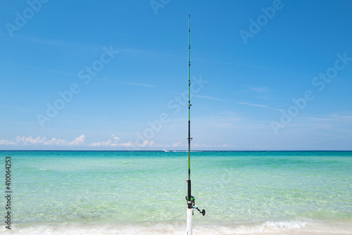 Fishing Sea and Summer vacation. Fishing rod, spinner, fish-rod. Relaxing seascape.