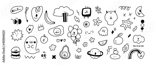 Cute doodle vector set. kids icon design with monster, dog, ufo, star, food and plant. Vector illustration.