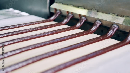 Rows of sweet paste are being released onto the conveyor photo