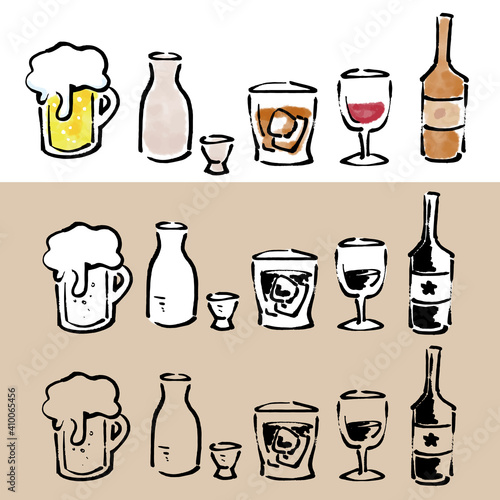 手描き筆タッチの色んなアルコール飲料