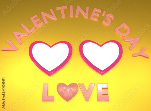3D Rendering Valentines Day  Background Mock Up  Love shape  Text Love and some loves. pink  yellow  white  red and pink color