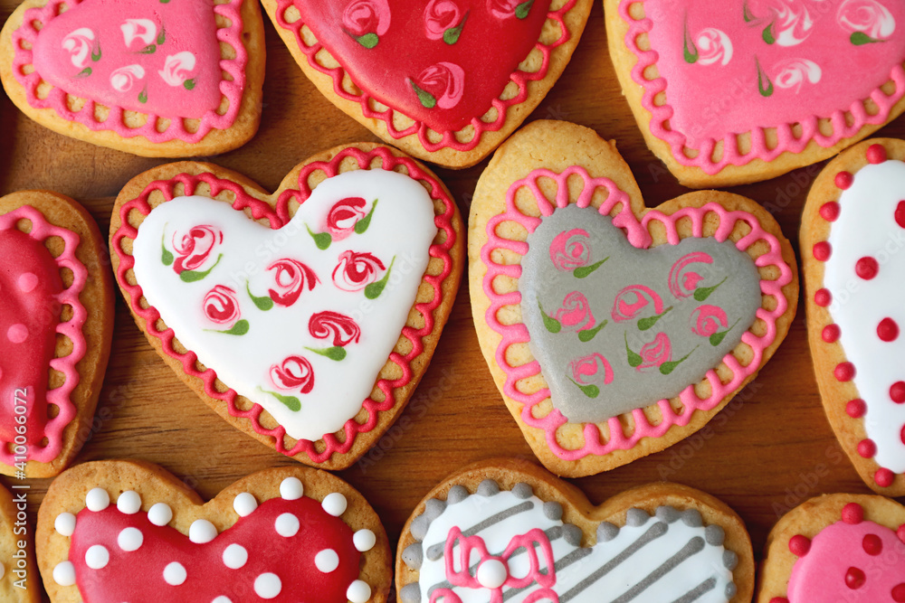 Gorgeous Flower Pattern Royal Icing Heart Shaped Cookies for Valentine's Day Concept Gorgeous Flower Pattern Royal Icing Heart Shaped Cookies for Valentine's Day Concept