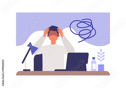 Businessman suffering from his depression at home office.