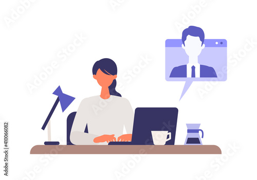 Vector illustration of businesswoman having communication via telecommuting system.