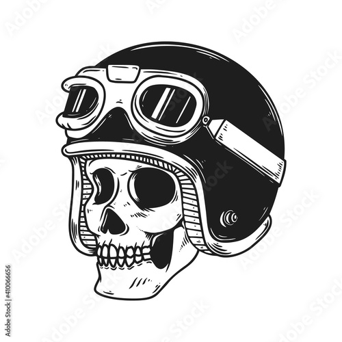 Illustration of biker skull in racer helmet. Design element for logo, label, sign, emblem, poster. Vector illustration