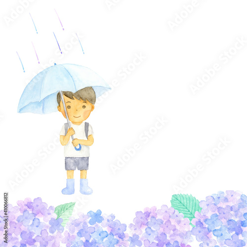 傘をさした男の子とあじさい　水彩イラスト