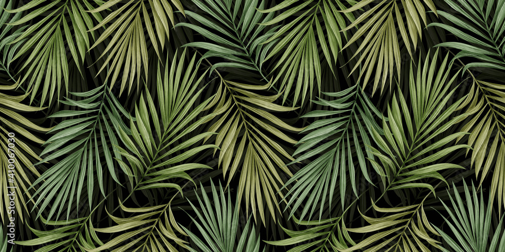 Tropical exotic seamless pattern with green color palm leaves on dark background. Hand-drawn vintage illustration, background, texture. Good for production wallpapers,  fabric printing, goods.