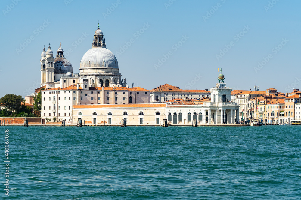 View of Giudecca Canal in Venice from the bell tower of San Giorgio Maggiore, with Punta della Dogana and the cupolas of Santa Maria della Salute