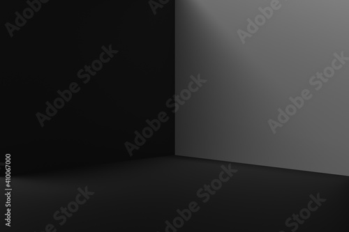 Black product background stand or podium pedestal on advertising room display with blank backdrops. 3D rendering.