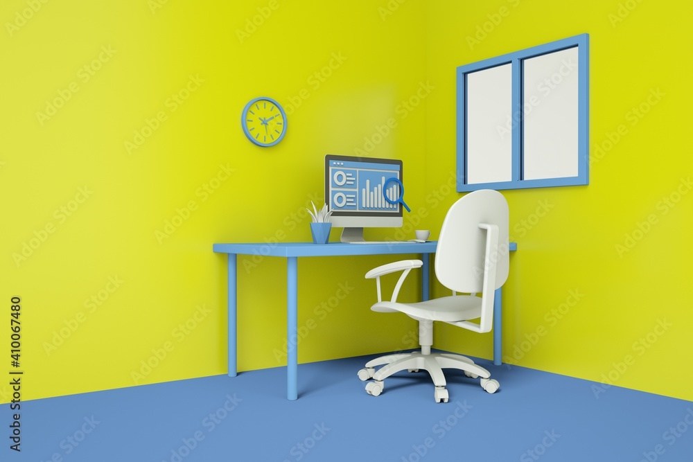 Office desk with Graph on computer screen, information researching. minimal workplace concept. office interior. 3d rendering Office desk with Graph on computer screen, information researching. minimal workplace concept. office interior. 3d rendering