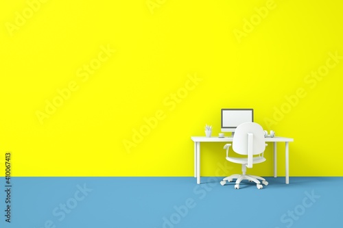 Front view of an working interior with colorful empty room, computer、green plant、headphones on the table, minimal design, 3d rendering