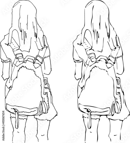 Linear simple drawing girl with backpack hand-drawn back view travel in public transport person sketch hand-drawn illustration flat outline outline clip art for design schoolgirl contour female figure