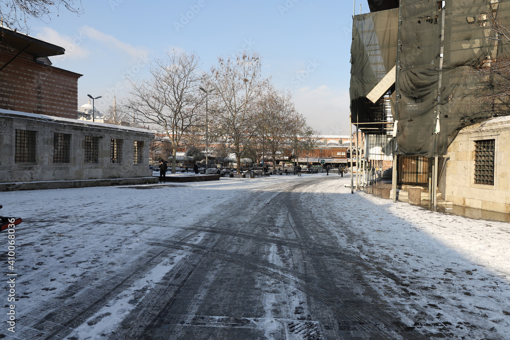Snowy Eminonu Streets in Istanbul, Turkey