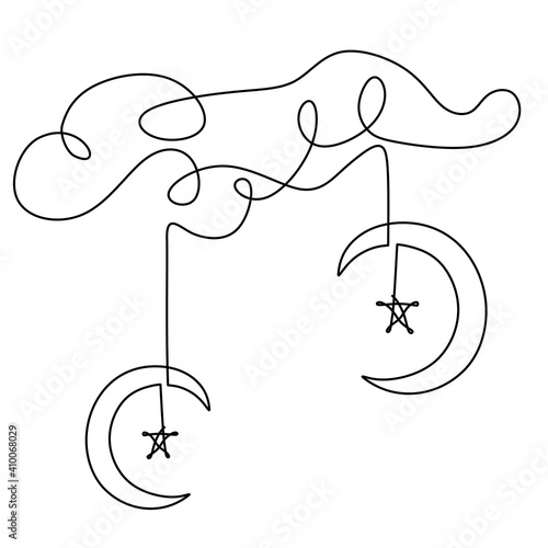 One single line drawing of hanging crescent moon and star in clouds. Ramadan Kareem with islamic symbol isolated on white background. Muslim religion on turquoise background. Vector illustration