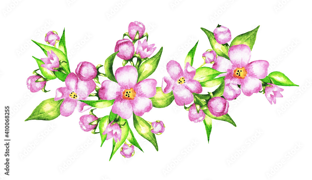 Fototapeta premium Bouquet of pink flowers and leaves. Watercolor