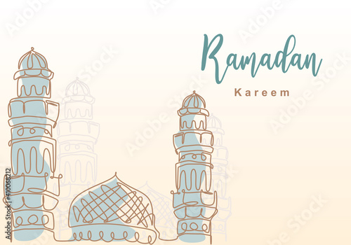 Ramadan Kareem one continuous line with islamic mosque, mosque dome and mosque tower ornament. Eid Al Fitr Mubarak and Ramadan Kareem greeting card concept hand drawn design minimalist style