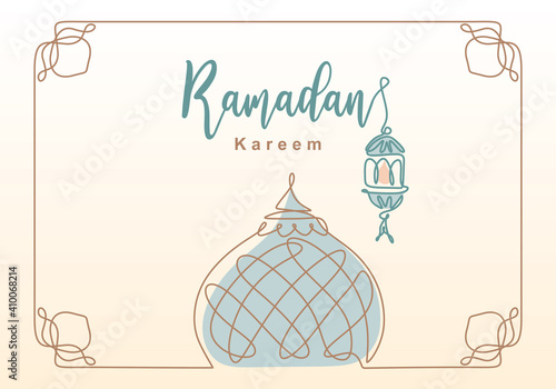 Foto Ramadan Kareem one continuous line with lantern, mosque dome and mosque tower ornament