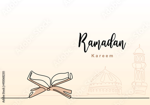 Foto One single continuous line drawing of Ramadan Kareem with open Quran, mosque dome and mosque tower