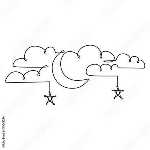 One continuous line drawing of islamic ornament with hanging star, half moon and cloudy sky isolated on white background. Islamic decoration concept. Vector illustration Ramadan Kareem greeting card