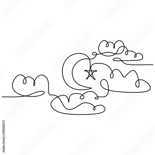 One continuous line drawing of islamic ornament with hanging star, half moon and cloudy sky isolated on white background. Islamic decoration concept. Vector illustration Ramadan Kareem greeting card