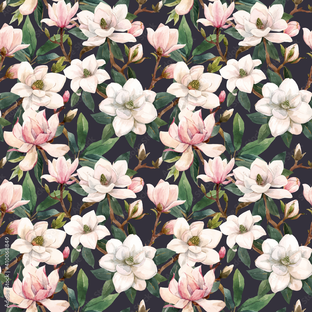 Beautiful vector seamless pattern with hand drawn watercolor gentle white and pink magnolia flowers. Stock illustration.