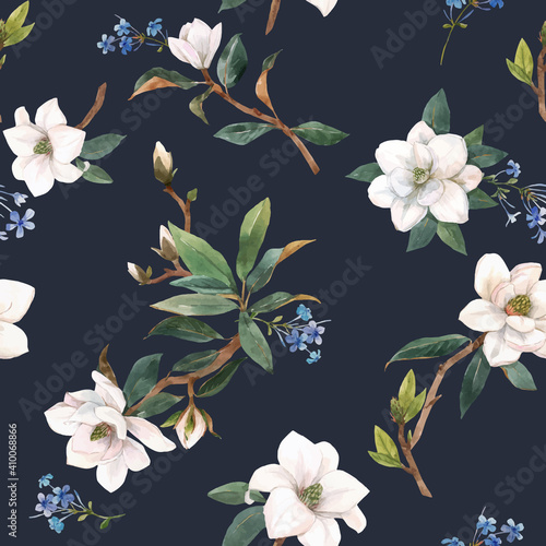 Beautiful vector seamless pattern with hand drawn watercolor white magnolia flowers. Stock illustration.