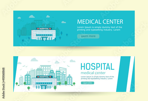 Banners Medical center building on background of the city in flat style. White Hospital on background of the city. Vector illustration on white and blue bakcdrop.