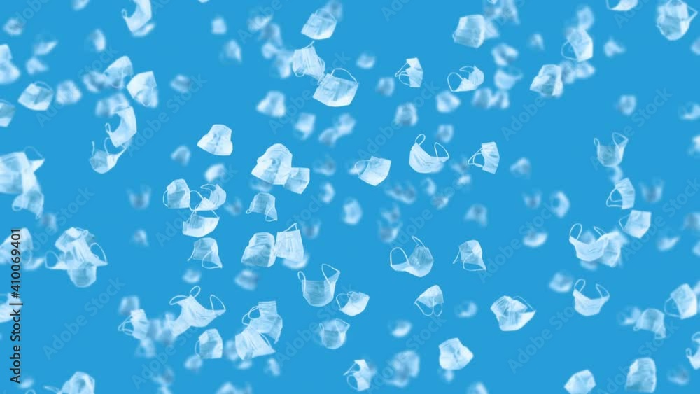 Flying many white masks on blue background. Medical concept. Surgical protective masks. 3D animation of mask rotating. Loop animation. Flying many white masks on blue background. Medical concept. Surgical protective masks. 3D animation of mask rotating. Loop animation.